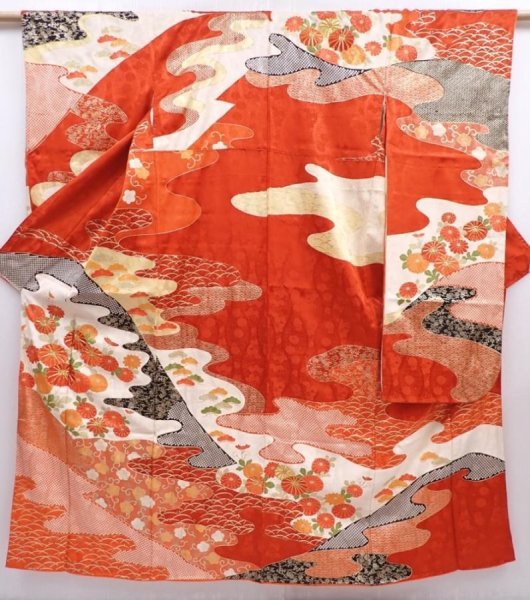 Photo1: 5914T14z1020 Vintage Japanese Kimono Silk FURISODE Chrysanthemum Orange-Red (1)