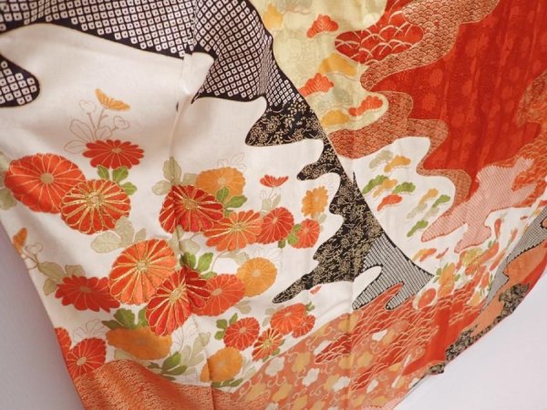 Photo3: 5914T14z1020 Vintage Japanese Kimono Silk FURISODE Chrysanthemum Orange-Red (3)