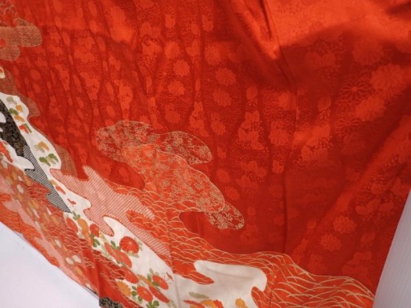 Photo4: 5914T14z1020 Vintage Japanese Kimono Silk FURISODE Chrysanthemum Orange-Red (4)