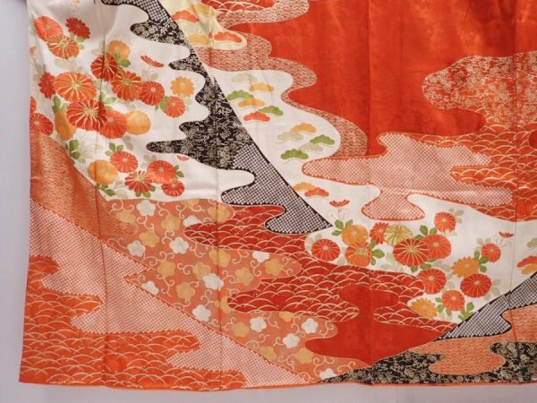 Photo5: 5914T14z1020 Vintage Japanese Kimono Silk FURISODE Chrysanthemum Orange-Red (5)