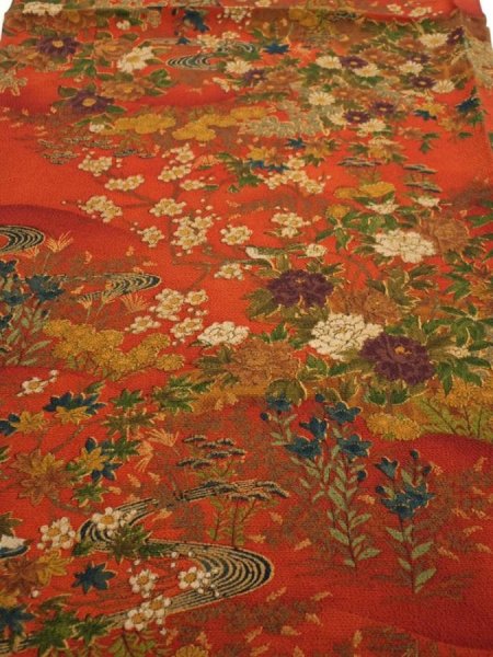 Photo1: 2E01z70  Japanese Kimono Crepe Silk  FABRIC Flowers Dark orange 42.1x14.4 (1)