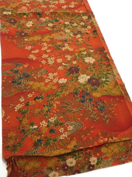 Photo2: 2E01z70  Japanese Kimono Crepe Silk  FABRIC Flowers Dark orange 42.1x14.4 (2)