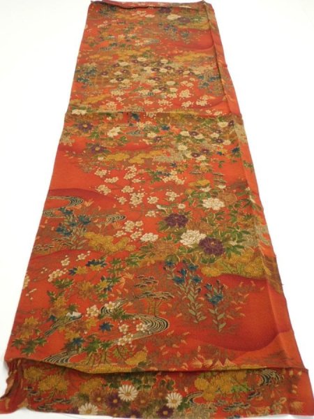 Photo5: 2E01z70  Japanese Kimono Crepe Silk  FABRIC Flowers Dark orange 42.1x14.4 (5)