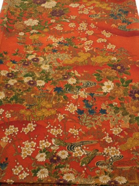 Photo1: 2E02z70  Japanese Kimono Crepe Silk  FABRIC Flowers Dark orange 42.1x14.4 (1)