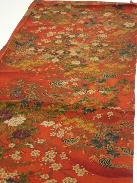 Photo3: 2E02z70  Japanese Kimono Crepe Silk  FABRIC Flowers Dark orange 42.1x14.4 (3)