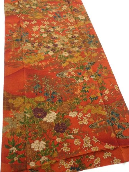 Photo2: 2E06z100  Japanese Kimono Crepe Silk  FABRIC Flowers Dark orange 65.0x14.4 (2)