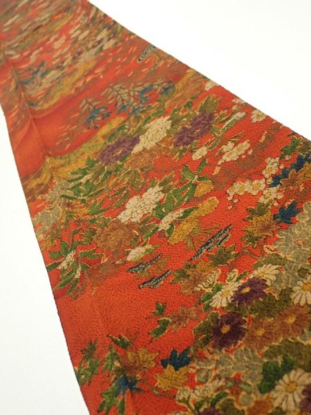Photo1: 2E08z50  Japanese Kimono Crepe Silk  FABRIC Flowers Dark orange 61.4x7.5 (1)