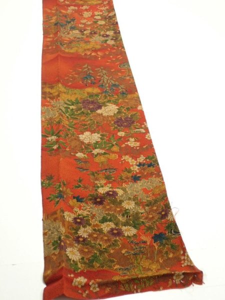 Photo2: 2E08z50  Japanese Kimono Crepe Silk  FABRIC Flowers Dark orange 61.4x7.5 (2)