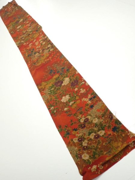 Photo5: 2E08z50  Japanese Kimono Crepe Silk  FABRIC Flowers Dark orange 61.4x7.5 (5)