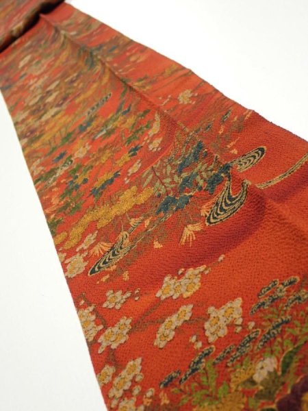 Photo1: 2E09z60  Japanese Kimono Crepe Silk  FABRIC Flowers Dark orange 83.9x6.5 (1)
