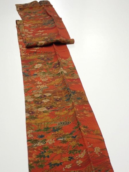 Photo3: 2E09z60  Japanese Kimono Crepe Silk  FABRIC Flowers Dark orange 83.9x6.5 (3)