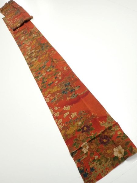 Photo5: 2E09z60  Japanese Kimono Crepe Silk  FABRIC Flowers Dark orange 83.9x6.5 (5)