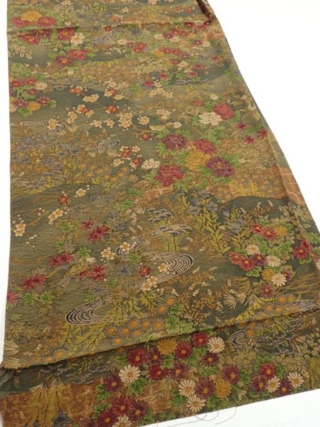 Photo2: 2E02z70  Japanese Kimono Silk  FABRIC Flowers Dark olive 44.1x14.6 (2)