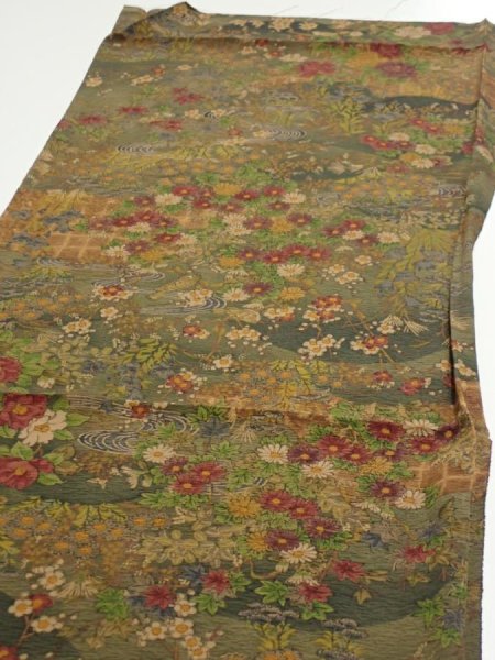Photo3: 2E02z70  Japanese Kimono Silk  FABRIC Flowers Dark olive 44.1x14.6 (3)