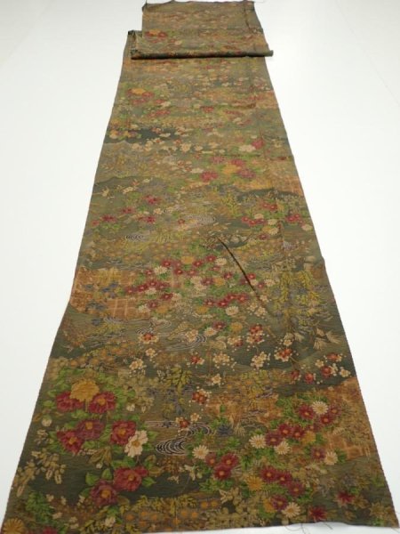 Photo5: 2E04z110  Japanese Kimono Silk  FABRIC Flowers Dark olive 75.2x14.6 (5)