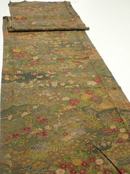 Photo3: 2E05z110  Japanese Kimono Silk  FABRIC Flowers Dark olive 74.8x14.6 (3)