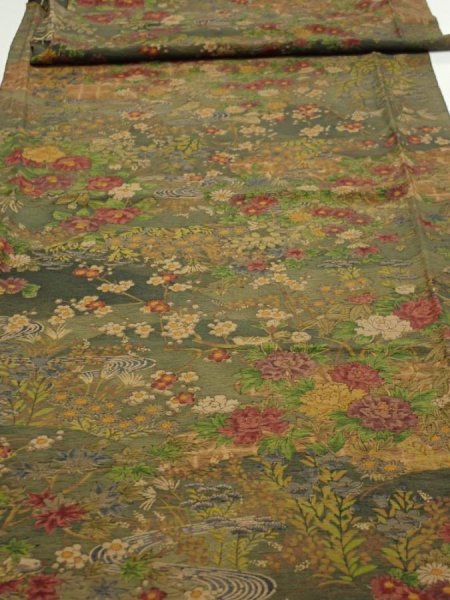 Photo1: 2E06z110  Japanese Kimono Silk  FABRIC Flowers Dark olive 74.8x14.4 (1)