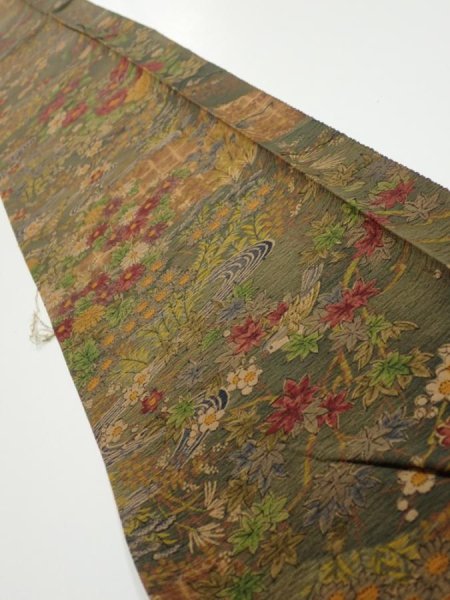Photo1: 2E08z50  Japanese Kimono Silk  FABRIC Flowers Dark olive 64.2x7.7 (1)