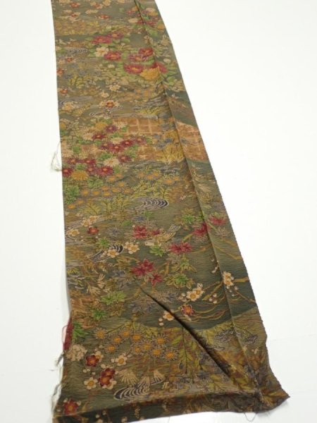 Photo2: 2E08z50  Japanese Kimono Silk  FABRIC Flowers Dark olive 64.2x7.7 (2)