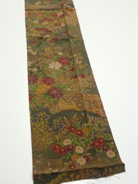 Photo3: 2E10z30  Japanese Kimono Silk  FABRIC Flowers Dark olive 39.0x6.7 (3)