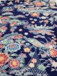 Photo1: 2E01z60  Japanese Kimono Silk  FABRIC Bird, Flowers Dark navy 44.9x15.0 (1)