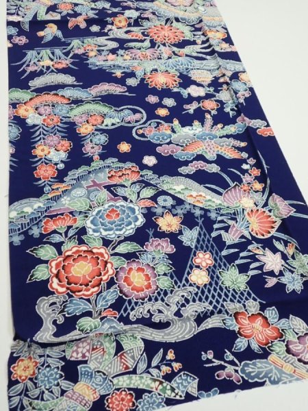 Photo2: 2E01z60  Japanese Kimono Silk  FABRIC Bird, Flowers Dark navy 44.9x15.0 (2)