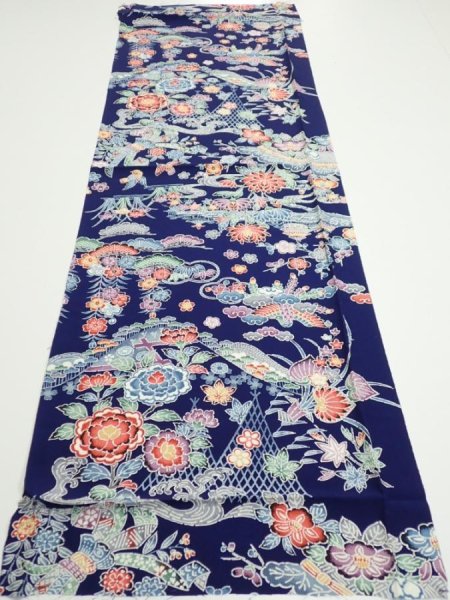 Photo5: 2E02z60  Japanese Kimono Silk  FABRIC Bird, Flowers Dark navy 45.3x15.0 (5)