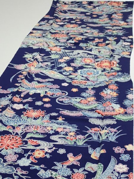 Photo3: 2E04z90  Japanese Kimono Silk  FABRIC Bird, Flowers Dark navy 68.5x15.0 (3)