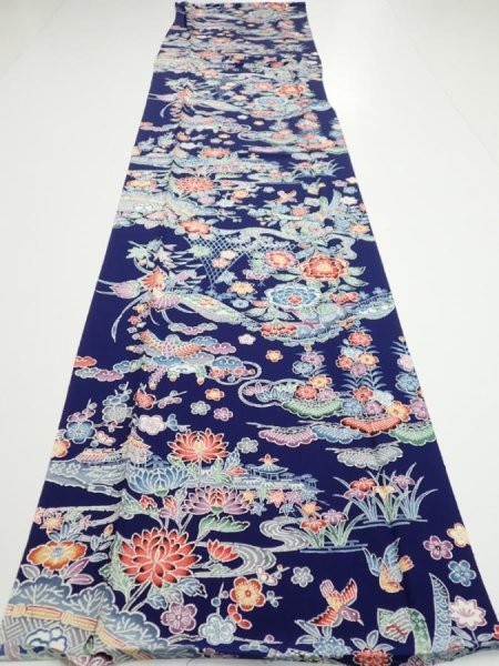 Photo5: 2E04z90  Japanese Kimono Silk  FABRIC Bird, Flowers Dark navy 68.5x15.0 (5)