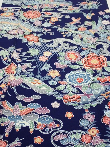 Photo1: 2E05z90  Japanese Kimono Silk  FABRIC Bird, Flowers Dark navy 68.5x15.0 (1)