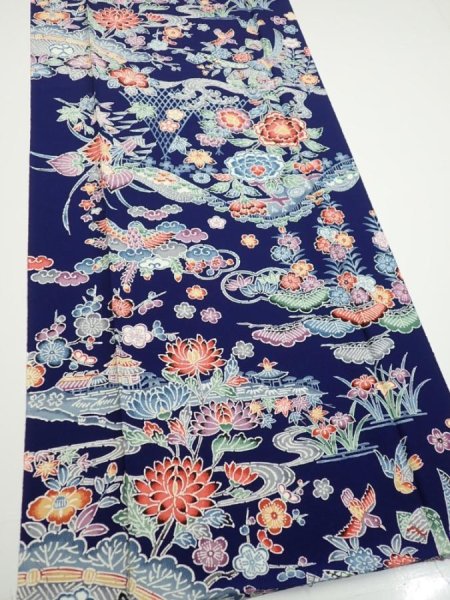 Photo2: 2E05z90  Japanese Kimono Silk  FABRIC Bird, Flowers Dark navy 68.5x15.0 (2)