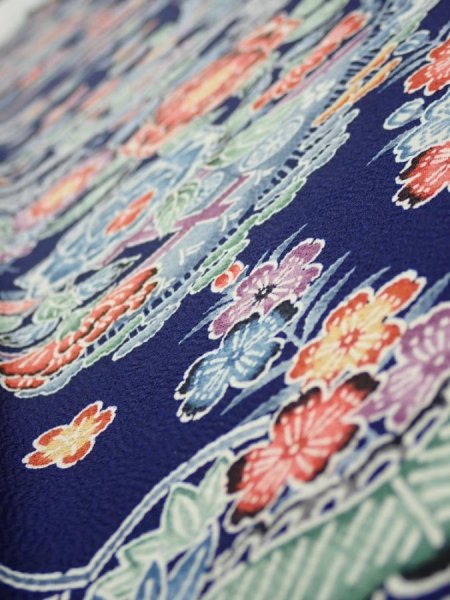 Photo4: 2E07z50  Japanese Kimono Silk  FABRIC Bird, Flowers Dark navy 61.4x7.9 (4)