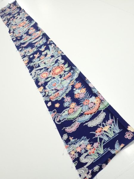 Photo5: 2E07z50  Japanese Kimono Silk  FABRIC Bird, Flowers Dark navy 61.4x7.9 (5)