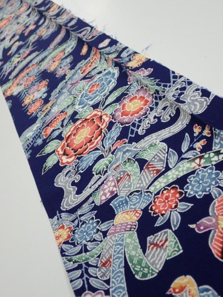 Photo1: 2E08z50  Japanese Kimono Silk  FABRIC Bird, Flowers Dark navy 61.4x7.9 (1)