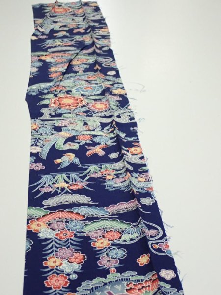 Photo3: 2E08z50  Japanese Kimono Silk  FABRIC Bird, Flowers Dark navy 61.4x7.9 (3)