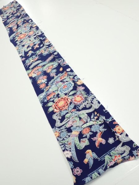 Photo5: 2E08z50  Japanese Kimono Silk  FABRIC Bird, Flowers Dark navy 61.4x7.9 (5)