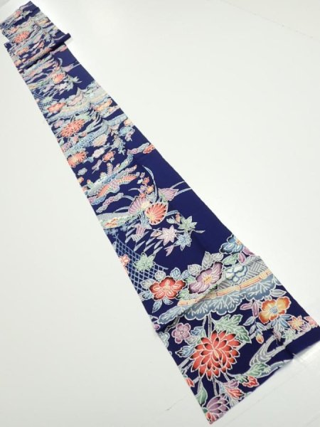 Photo4: 2E09z60  Japanese Kimono Silk  FABRIC Bird, Flowers Dark navy 85.0x7.1 (4)