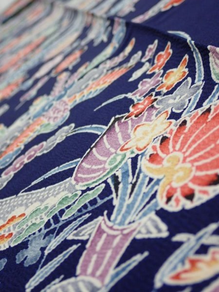 Photo5: 2E09z60  Japanese Kimono Silk  FABRIC Bird, Flowers Dark navy 85.0x7.1 (5)
