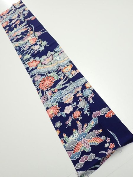 Photo1: 2E10z30  Japanese Kimono Silk  FABRIC Bird, Flowers Dark navy 36.6x7.1 (1)