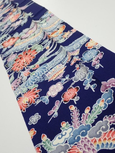 Photo2: 2E10z30  Japanese Kimono Silk  FABRIC Bird, Flowers Dark navy 36.6x7.1 (2)