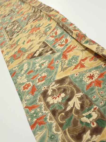 Photo1: 2E07z40  Japanese Kimono Silk  FABRIC Flower Light brown 56.7x7.3 (1)