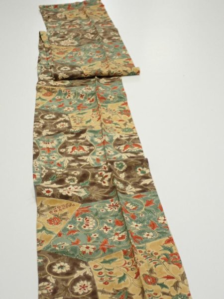 Photo2: 2E09z60  Japanese Kimono Silk  FABRIC Flower Light brown 79.9x7.3 (2)