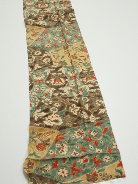 Photo3: 2E09z60  Japanese Kimono Silk  FABRIC Flower Light brown 79.9x7.3 (3)