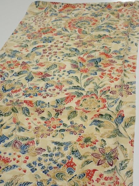 Photo3: 2E01z60  Japanese Kimono Silk  FABRIC Flowers Sand beige 42.1x14.8 (3)