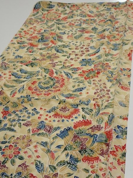 Photo3: 2E02z60  Japanese Kimono Silk  FABRIC Flowers Sand beige 41.7x14.8 (3)