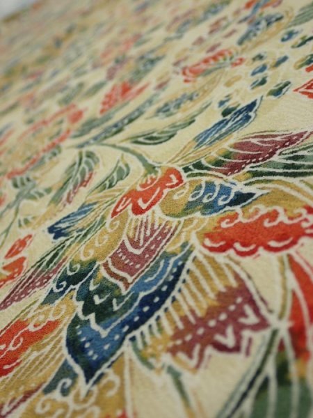 Photo5: 2E02z60  Japanese Kimono Silk  FABRIC Flowers Sand beige 41.7x14.8 (5)