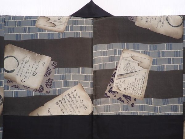 Photo2: 5920T01z490 Vintage Japanese Kimono Silk Men's HAORI  Black (2)