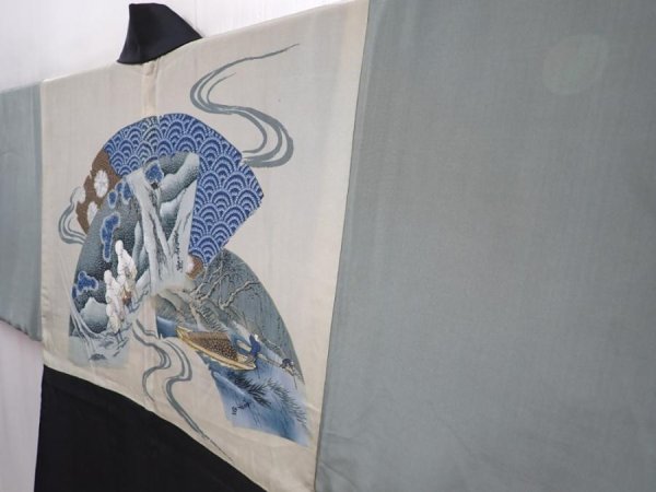 Photo2: 5920T02z430 Vintage Japanese Kimono Silk Men's HAORI Ukiyoe Black (2)