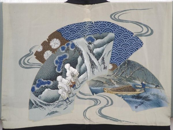 Photo3: 5920T02z430 Vintage Japanese Kimono Silk Men's HAORI Ukiyoe Black (3)