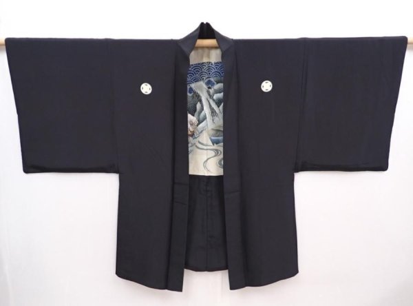 Photo6: 5920T02z430 Vintage Japanese Kimono Silk Men's HAORI Ukiyoe Black (6)